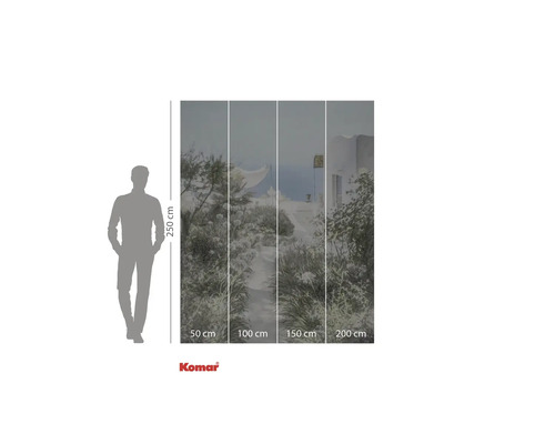 Komar Fototapete mit mediterranem Gartenmotiv und Größenangaben.