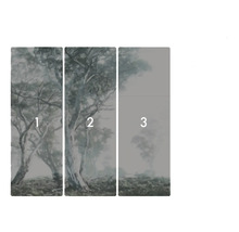 Image murale en trois parties avec une représentation d'arbres dans le brouillard