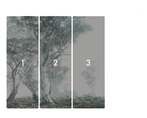 Image murale en trois parties avec une représentation d'arbres dans le brouillard