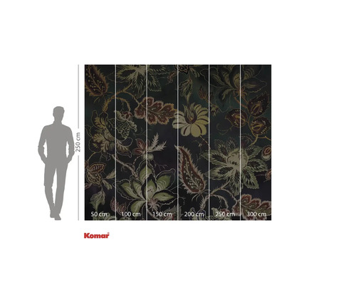 Papier peint photo avec motif floral et indications de taille.