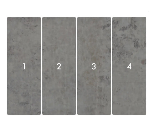Quatre panneaux de sol en vinyle imitation pierre, numérotés de un à quatre.