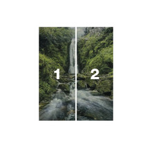 Papier peint photo avec cascade et motif de forêt, composé de deux parties