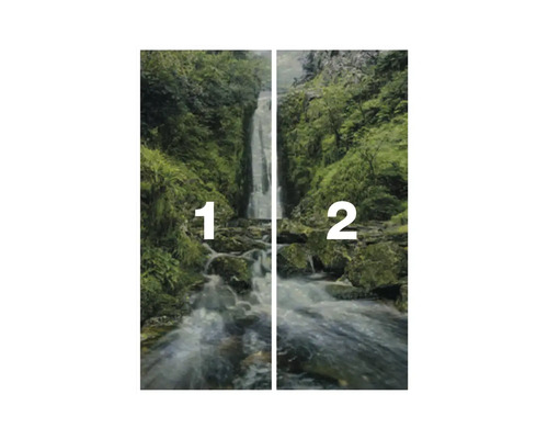 Papier peint photo avec cascade et motif de forêt, composé de deux parties