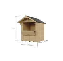 Kiosque de vente en bois d'une hauteur de 246 cm et d'une largeur de 180 cm.