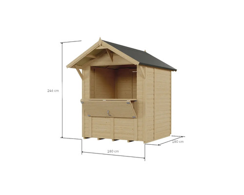 Kiosque de vente en bois d'une hauteur de 246 cm et d'une largeur de 180 cm.