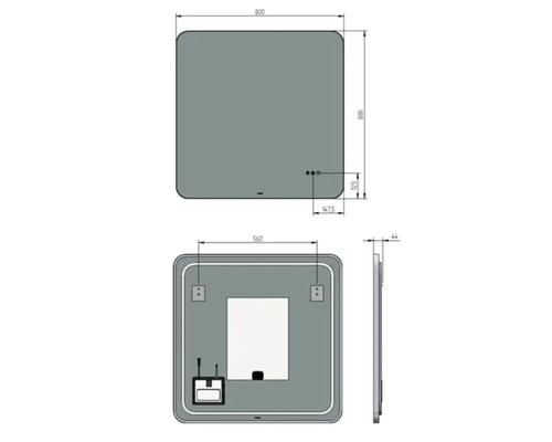 Technische Zeichnung eines Spiegels mit den Maßen 800 x 800 mm.