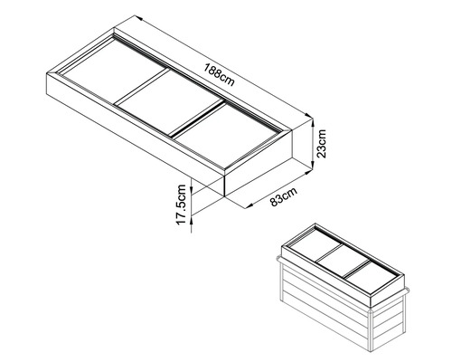 Technische Zeichnung eines Hochbeets mit den Maßen 188 cm Länge, 83 cm Breite und 23 cm Höhe