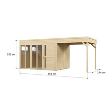 Image d'un abri de jardin d'une largeur totale de 558 centimètres, d'une hauteur de 232 centimètres et d'une profondeur de 234 centimètres.