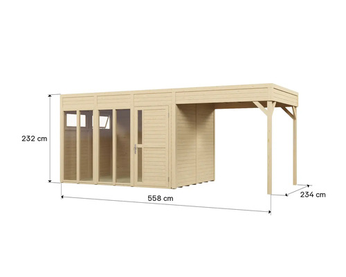 Image d'un abri de jardin d'une largeur totale de 558 centimètres, d'une hauteur de 232 centimètres et d'une profondeur de 234 centimètres.