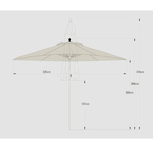 Technische Zeichnung eines Sonnenschirms mit den Maßen 325 cm Durchmesser, 318 cm Höhe, 268 cm Schirmhöhe, 200 cm Durchgangshöhe und 137 cm Höhe des geschlossenen Schirms