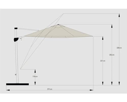Masse eines Sonnenschirms mit Sockel.
