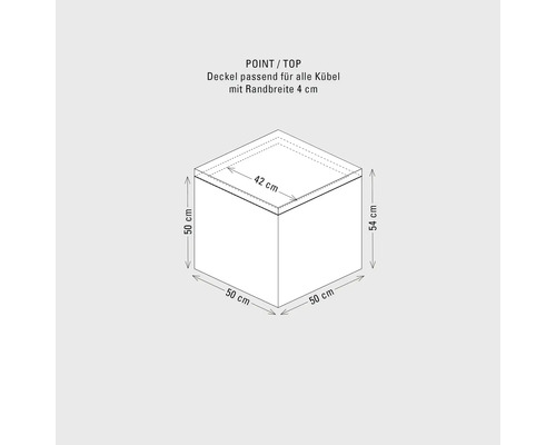 Technische Zeichnung eines passenden Deckels für alle Eimer mit 4 cm Randbreite, Abmessungen 50 x 50 x 54 cm