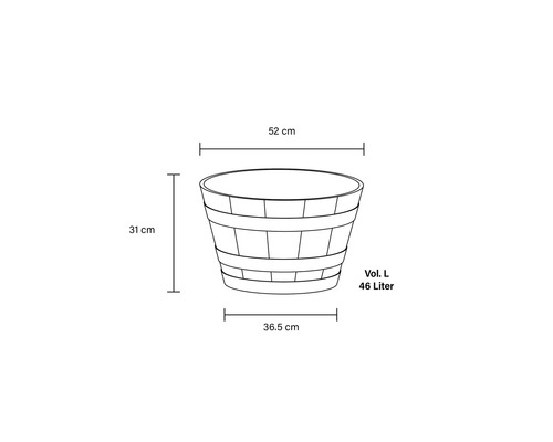 Abbildung eines Pflanzgefäßes mit Maßangaben: 52 cm breit, 31 cm hoch und ein Volumen von 46 Liter