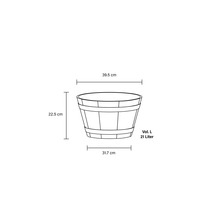 Technische Zeichnung eines Pflanzgefäßes mit den Maßen 39,5 cm Breite oben, 31,7 cm Breite unten und 22,5 cm Höhe sowie einem Volumen von 21 Litern.