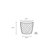 Technische Zeichnung eines Papierkorbs mit den Maßen 26 cm Durchmesser oben, 18,5 cm Durchmesser unten, 24 cm Höhe und 10 Liter Volumen.