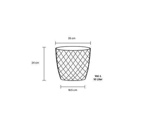 Technische Zeichnung eines Papierkorbs mit den Maßen 26 cm Durchmesser oben, 18,5 cm Durchmesser unten, 24 cm Höhe und 10 Liter Volumen.
