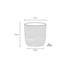 Illustration eines Pflanzgefäßes mit den Maßen 35 cm Breite, 34,9 cm Höhe und 25,9 cm Tiefe sowie einem Volumen von 27,4 Litern