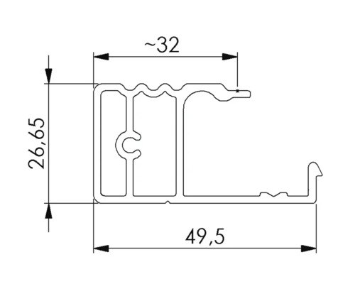 Technische Zeichnung eines Aluminiumprofils mit Maßangaben.