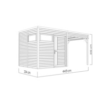 Dessin d'une remise de jardin avec auvent et indications de dimensions