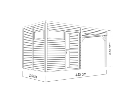 Dessin d'une remise de jardin avec auvent et indications de dimensions