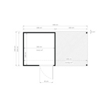 Plan d'un abri de jardin avec terrasse et indications de taille en centimètres