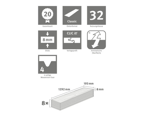 Informations produit sur le stratifié : Garantie 20 ans, format de planche Classic, classe d'utilisation 32, épaisseur 8 millimètres, profilé de pose Clic it, surface antistatique, chanfrein Woodvision sur quatre côtés, huit planches par...