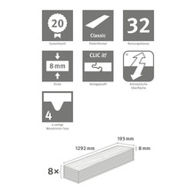 Spécifications techniques du stratifié : durée de garantie de 20 ans, format de planche classique, classe d'utilisation 32, épaisseur de 8 millimètres, profilé de pose Clic it !, surface antistatique, chanfrein Woodvision sur quatre côtés,...