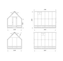 Technische Zeichnung eines Gewächshauses mit Maßangaben.