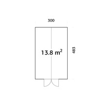 Grundriss eines Gartenhauses mit den Maßen 300 mal 483 Zentimeter und einer Fläche von 13.8 Quadratmetern