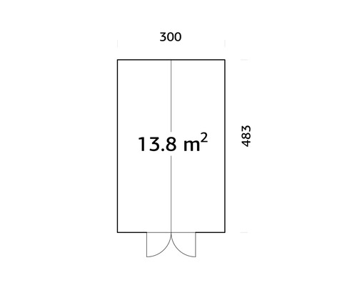 Grundriss eines Gartenhauses mit den Maßen 300 mal 483 Zentimeter und einer Fläche von 13.8 Quadratmetern