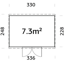 Grundrisszeichnung mit Maßangaben: 7,3 Quadratmeter Fläche, 330 Zentimeter Breite, 248 Zentimeter Höhe, Türbreite 336 Zentimeter und Seitenwand 228 Zentimeter