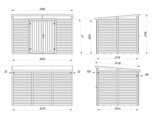 Technische Zeichnung eines Gartenhauses mit Maßen