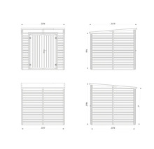 Technische Zeichnung eines Gerätehauses mit Doppeltür und Pultdach, Ansichten von vorne, hinten und von den Seiten mit Maßangaben.