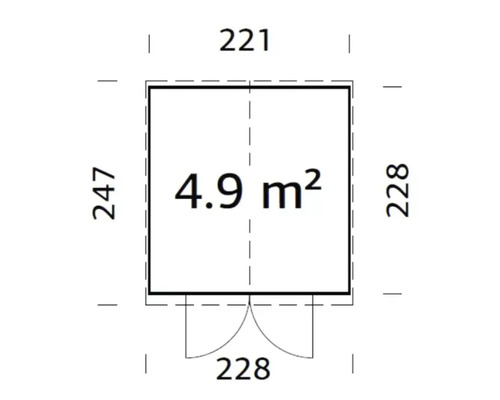 Grundrisszeichnung mit Abmessungen: 221 cm x 247 cm, Fläche: 4,9 Quadratmeter