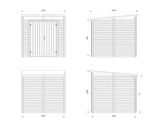 Technische Zeichnung eines Gerätehauses mit Maßen