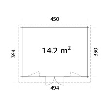 Plan d'un abri de jardin mesurant 450 x 394 x 330 cm, d'une superficie de 14,2 mètres carrés.