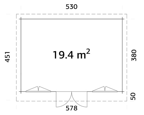 Plan avec dimensions et une superficie de 19,4 mètres carrés