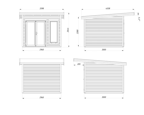 Dessin technique d'un abri de jardin avec dimensions