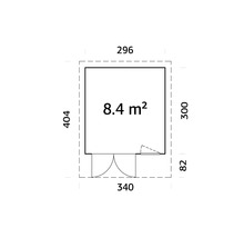 Plan avec indication de surface de 8,4 mètres carrés et dimensions en centimètres