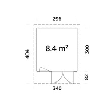 Grundriss mit den Maßen 296, 404, 300, 82 und 340, die Fläche beträgt 8.4 Quadratmeter