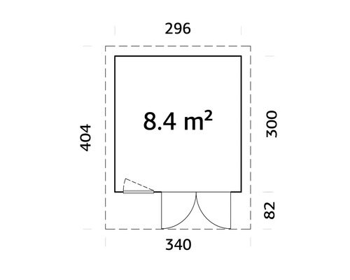 Grundriss mit den Maßen 296, 404, 300, 82 und 340, die Fläche beträgt 8.4 Quadratmeter
