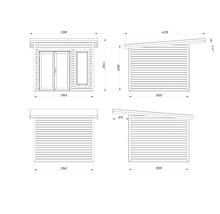 Schéma technique d'une remise de jardin avec les dimensions