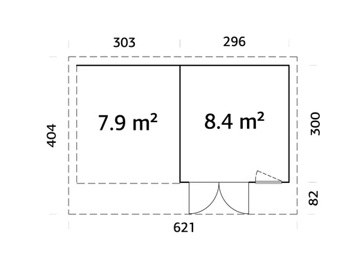 Plan d'un abri de jardin avec deux pièces et indications de taille en mètres