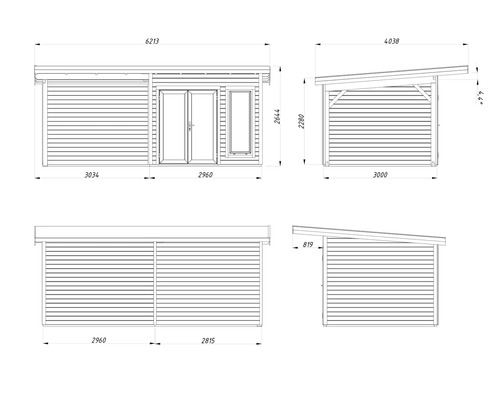 Dessin technique d'une cabane de jardin avec dimensions