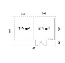 Grundrisszeichnung mit Maßangaben eines Gartenhauses