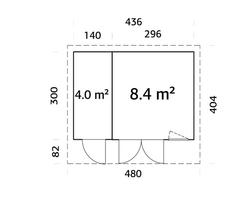 Plan d'un abri de jardin avec indication des surfaces en mètres carrés