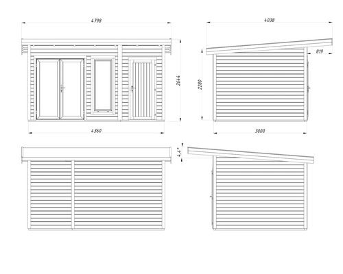 Plan technique d'une cabane de jardin avec dimensions