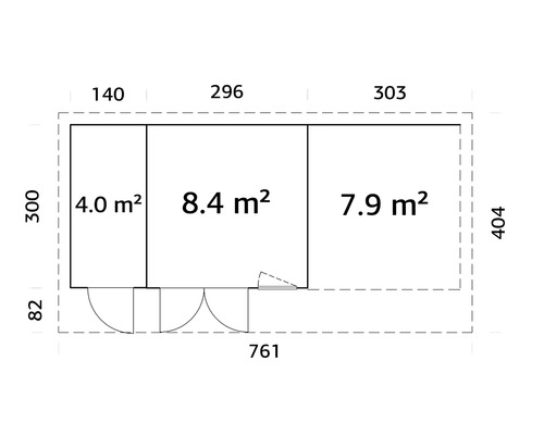 Grundriss eines Gartenhauses mit Abmessungen und Flächenangaben