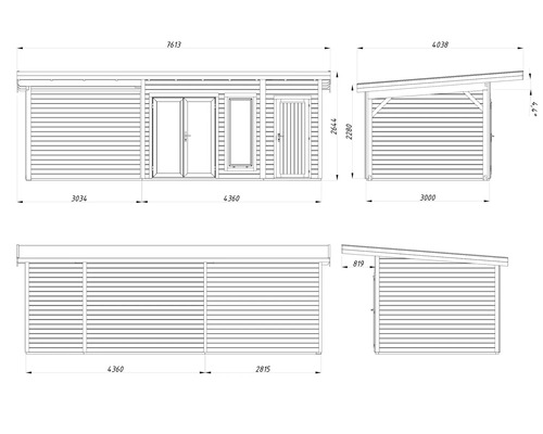 Technische Zeichnung eines Gartenhauses mit Abmessungen