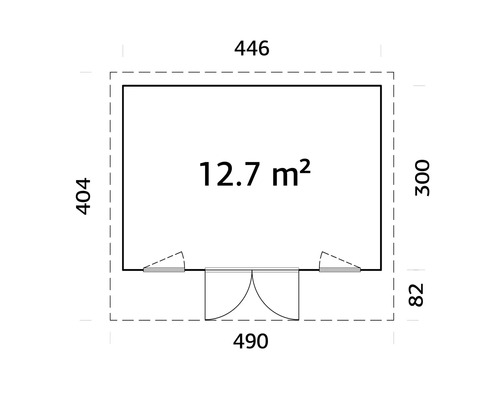 Plan avec les dimensions 446, 404, 300, 82 et 490, superficie 12,7 mètres carrés